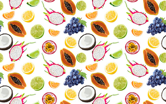 Big tropical fruit mix seamless pattern. illustration with exotic juicy fruit.  Feijoa, aronge, papaya, pitaya, lime, lemon, grape set. Nice colorful summer picture for fabric, wallpaper