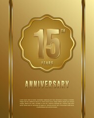 15th anniversary logotype. Anniversary celebration template design with golden ring for booklet, leaflet, magazine, brochure poster, banner, web, invitation or greeting card.