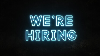 We're hiring bright flickering neon text on a dirty wall, creativity graphics and modern design