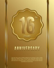 16th anniversary logotype. Anniversary celebration template design with golden ring for booklet, leaflet, magazine, brochure poster, banner, web, invitation or greeting card.