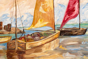 Fragment of oil painting with thick paint brush strokes depicting fisherman boats and shacks in a harbor. Impressionism art.