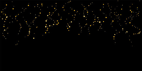 Gold glitter confetti on a black background. Serpentine. Shiny particles are scattered, sand. Decorative element. Luxury background for your design, postcards, invitations, vector