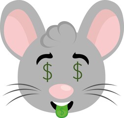 Vector illustration of a cartoon mouse face with eyes and tongue with dollar sign