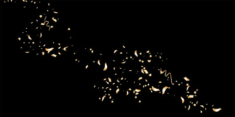 Gold glitter confetti on a black background. Serpentine. Shiny particles are scattered, sand. Decorative element. Luxury background for your design, postcards, invitations, vector