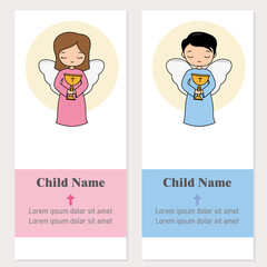 Two communion or baptism cards for a boy and a girl. Angels with chalice in hand