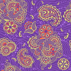 Fototapeta na wymiar Paisley seamless pattern. Refined, subtle yellow elements on a purple background. Fashionable ethnic patterns. Vector graphics.