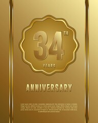 34th anniversary logotype. Anniversary celebration template design with golden ring for booklet, leaflet, magazine, brochure poster, banner, web, invitation or greeting card.