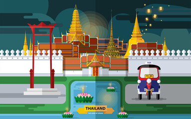 Naklejka premium Thailand travel concept The Most Beautiful Places To Visit In Thailand in flat style in flat design color.