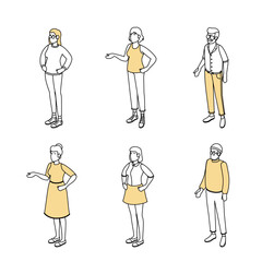 Naklejka premium Set of different isometric people on white. Vector illustration flat design isolated. Male and female characters. Office and casual clothes. Outline, linear style, line art.