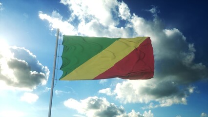 Congo Republican flag waving at wind against beautiful blue sky. 3d rendering