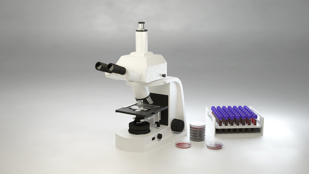 Microscopio de laboratorio, material para análisis clínicos y estudios de microbiología y médicos.