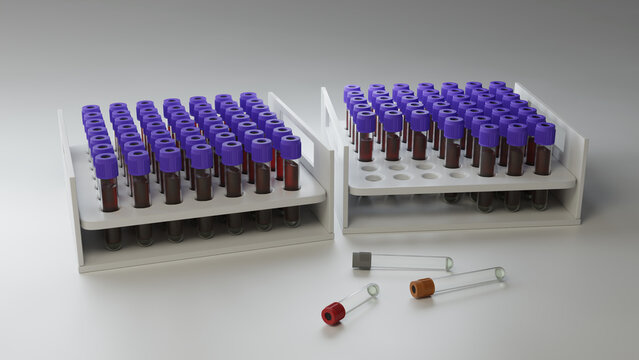 Tubo para toma de muestra. Ilustraci&oacute;n 3D de tubo vacutainer. Laboratorio de an&aacute;lisis cl&iacute;nicos. Muestra sangu&iacute;nea.