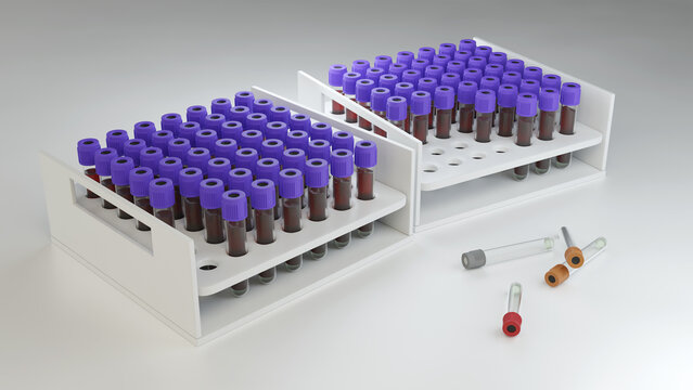 Tubo para toma de muestra. Ilustraci&oacute;n 3D de tubo vacutainer. Laboratorio de an&aacute;lisis cl&iacute;nicos. Muestra sangu&iacute;nea.