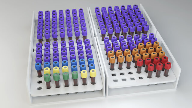 Tubo para toma de muestra. Ilustraci&oacute;n 3D de tubo vacutainer. Laboratorio de an&aacute;lisis cl&iacute;nicos. Muestra sangu&iacute;nea.
