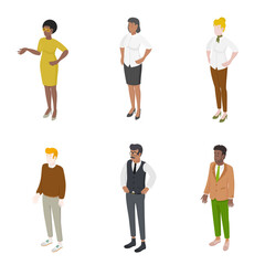 Fototapeta na wymiar Set of different isometric people on white. Vector illustration flat design isolated. Male and female characters. Office and casual clothes