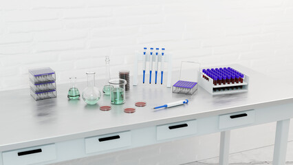 Material de laboratorio clínico. Reactivos y herramientas para estudios clínicos. Render 3d de herramientas y reactivos.