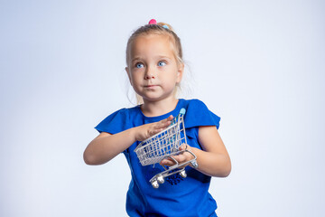 The girl is holding a toy metal supermarket trolley in her hands. The concept of goods for...