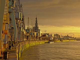 Quays of river Scheldt in Antwerp, with old industrial cranes and cathedral in th background in warm sunset light