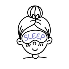 Hand Drawn Line Cartoon Cute Smiling Girls Face with Sleep Mask. Female Sketch Portrait. Vector Illustration isolated on a white background.