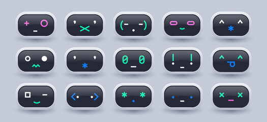 Chat bot emoticons. Artificial Intelligence expression punctuation marks, communication bot morphism concept. Vector set