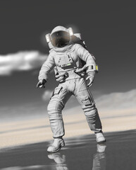 astronaut is discovering water with reflection on water in the desert of another planet after rain