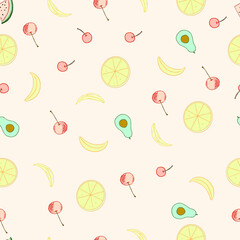 Design elements for baby textile or clothes. Hand drawn doodle repeating delicacies. Tropical wallpaper