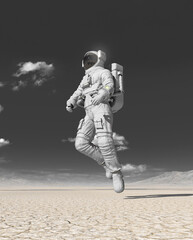 astronaut is walking in the desert of another planet after rain bottom view