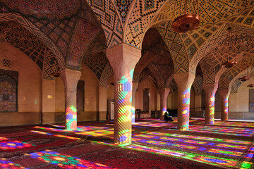 Fototapeta na wymiar Pink Mosque and it is wonderful if you visit it before 10 in the morning when the rays of the sun project the colored lights of the vitraux