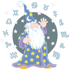 Wizard astrologer reciting magic spells and Zodiac signs of constellations flying around him, vector cartoon illustration isolated on a white background