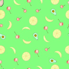 Design elements for baby textile or clothes. Hand drawn doodle repeating delicacies. Tropical wallpaper