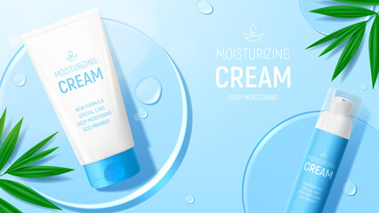 Ad banner with moisturizing face cream products. Vector illustration with 3d bottle and tube of moisturizing cream, drops, leaves and glass circles. Mockup of cosmetic product ad. Flatlay background.