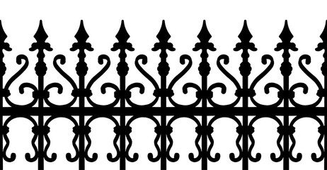 Black silhouette of an old wrought iron grating with floral decorations - seamless pattern, on white background for easy selection useful for renderings applications