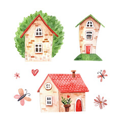 Watercolor illustration of summer houses with cake, strawberry, flowers and hearts.