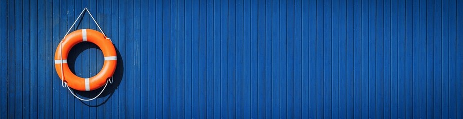 An orange lifebuoy hangs from a white cord on a royal blue wooden background. The concept of safety of people on the water, river, sea, ocean. Decorative nautical style © MORGUNOVA