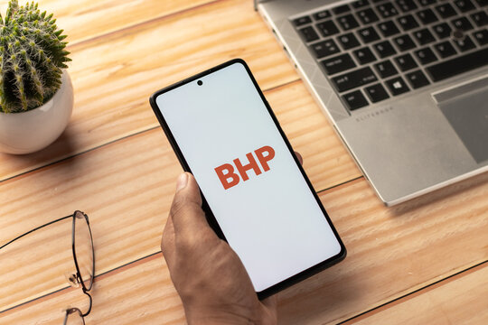 West Bangal, India - April 20, 2022 : BHP logo on phone screen stock image.