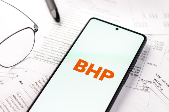 West Bangal, India - April 20, 2022 : BHP logo on phone screen stock image.