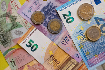 Euros and mexican pesos background, Europe Mexico foreign exchange