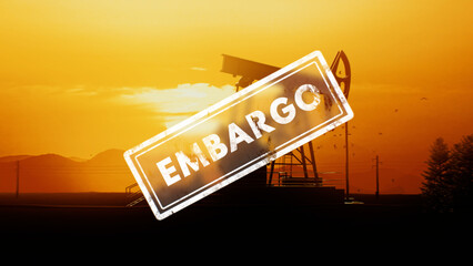 3D Render silhouette of an oil pump jack at sunset with an embargo stamp on it - obrazy, fototapety, plakaty