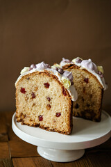 Easter baking. Kulich. Cake with raisins, candied oranges and dried cranberries. Dessert for Easter.