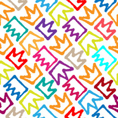 Bright colorful multicolored ink contour linear crowns isolated on white background. Cute royal seamless pattern. Vector simple flat graphic hand drawn illustration. Texture.