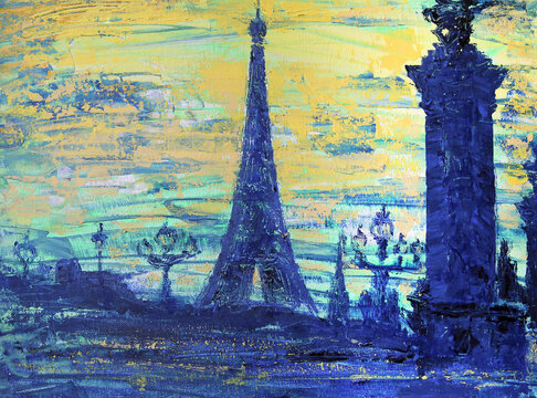 Artistic painting of the Eiffel Tower and bridge