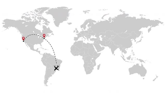 Animation route of airplane on the world map. Line path airplane. Flight route with pointer, dash line trace animation. Motion design.