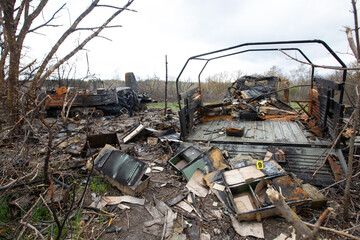 Russian armored vehicles destroyed by the Ukrainian army as a result of Russian invasion of Ukraine in Kyiv region, Ukraine