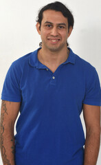 front view of a portrait of a smiling man looking at camera on white background