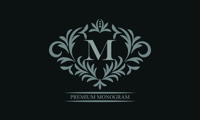 Exquisite logo design with letter M. Sign template for restaurant, royalty, boutique, cafe, hotel, heraldic, jewelry, fashion.