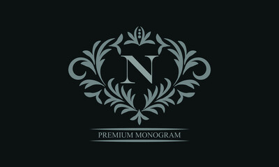 Exquisite logo design with letter N. Sign template for restaurant, royalty, boutique, cafe, hotel, heraldic, jewelry, fashion.