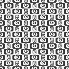Abstract vector hand drawn tiles seamless pattern. Tiles with spiral curls. Repeating ornament. Black and white background.  For wrapping, paper cover, textile, fabric, cloth.