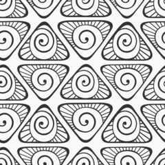 Abstract vector hand drawn triangles seamless pattern. Triangles with spiral curls, stripes. Repeating doodle ornament. Black and white background.  For wrapping, paper cover, textile, fabric, cloth.