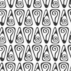 Abstract vector hand drawn triangles seamless pattern. Triangles with spiral curls. Repeating doodle ornament. Black and white background.  For wrapping, paper cover, textile, fabric, cloth.
