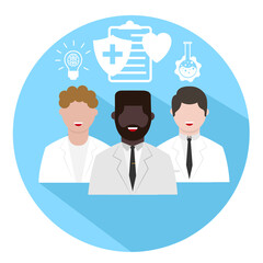 Research Laboratory Scientific Team, doctor character icons. Doctors and scientists working together. treatment, medical research and innovation.